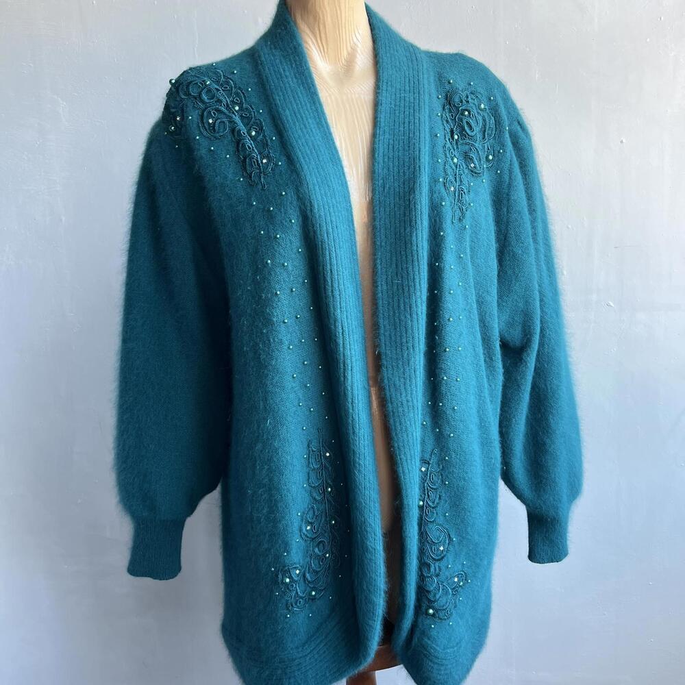 Vintage Eddie Jassin Large Angora Rabbit Hair Lambs Wool Blue Cardigan Sweater